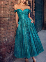 Ladivine CD870 - Off-Shoulder Tea-Length Gown