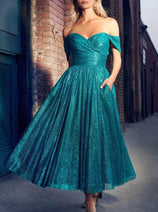 Ladivine CD870 - Off-Shoulder Tea-Length Gown