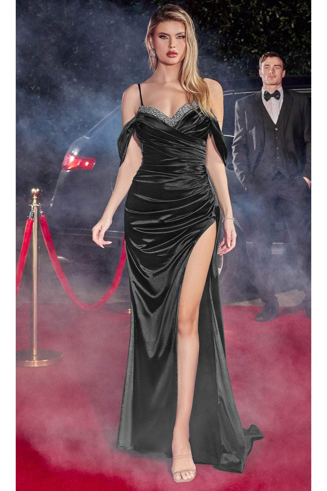 Ladivine CD875 - Cold Shoulder Satin Prom Gown - Prom