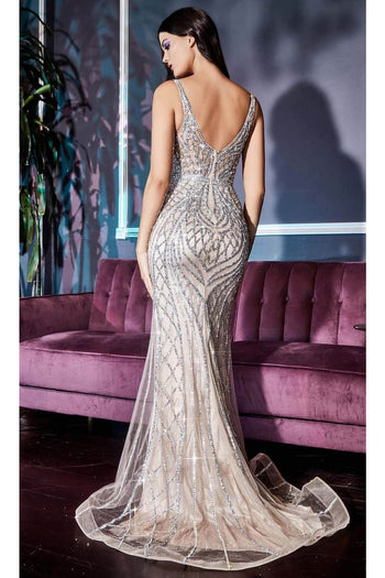 Ladivine CD935 - Art Deco Sequin Beaded Gown - Silver-Nude / 6 - Prom
