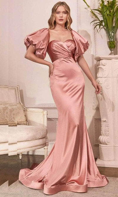 Ladivine CD983C - Puff Sleeve Satin Long Evening Dress - Prom