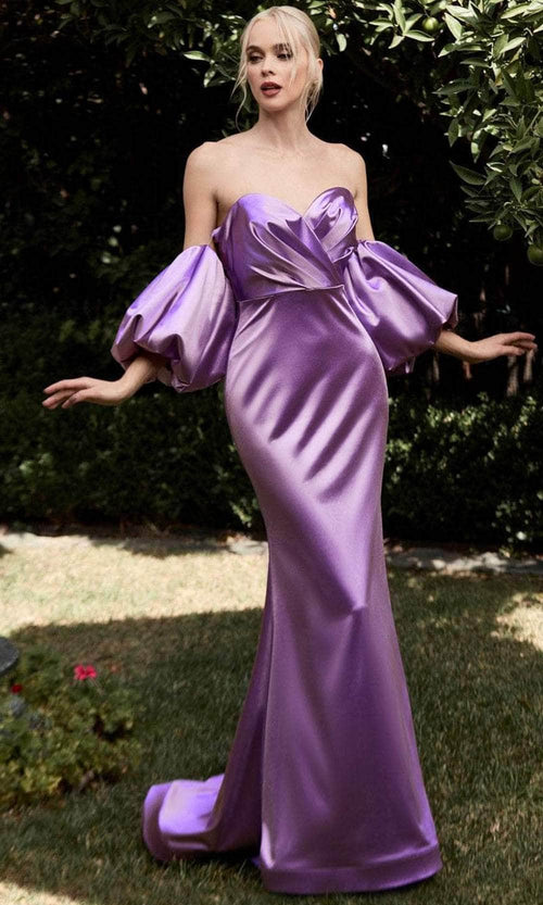 Ladivine CD983C - Puff Sleeve Satin Long Evening Dress - Prom