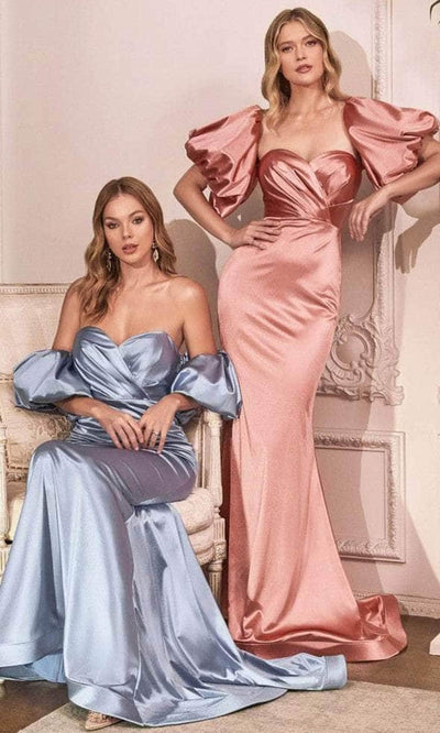 Ladivine CD983C - Puff Sleeve Satin Long Evening Dress - Prom