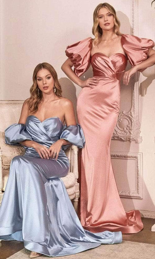 Ladivine CD983C - Puff Sleeve Satin Long Evening Dress - Prom