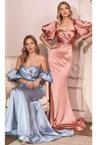 Ladivine CD983C - Puff Sleeve Satin Long Evening Dress - Prom