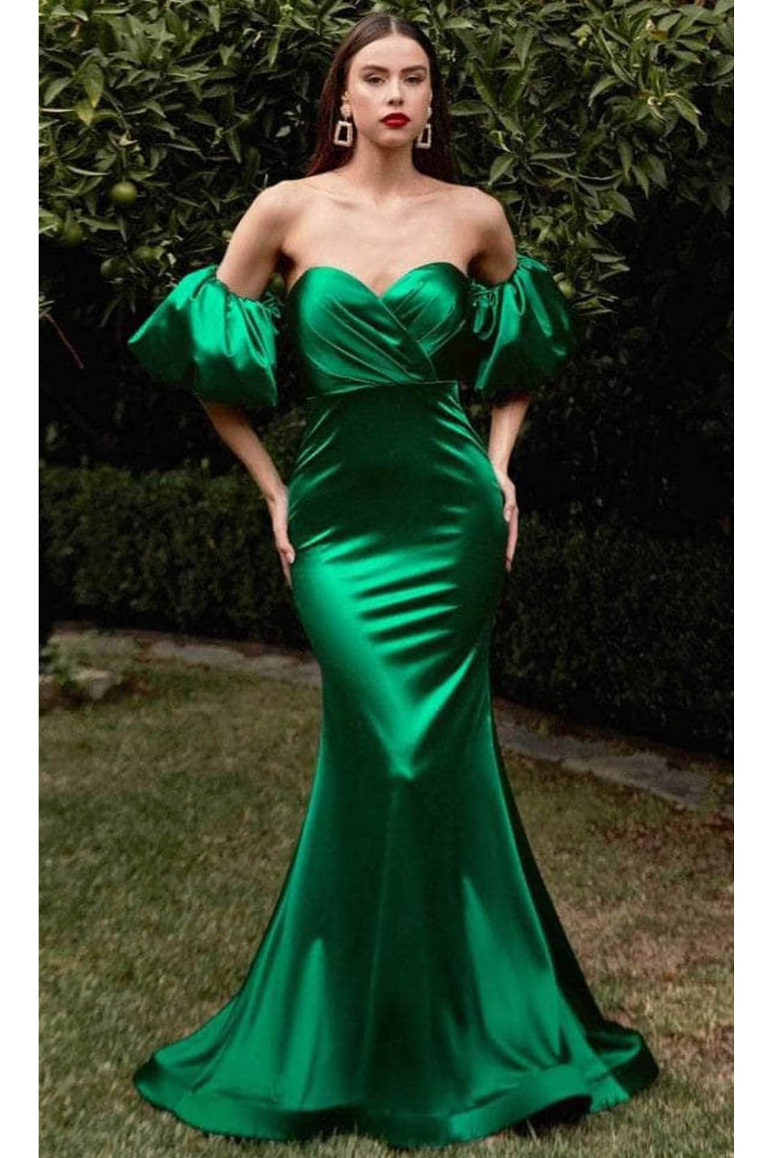 Ladivine CD983C - Puff Sleeve Satin Long Evening Dress - Prom