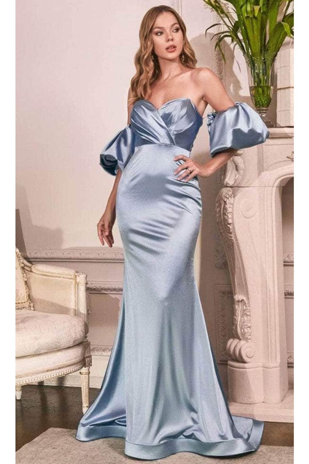 Ladivine CD983C - Puff Sleeve Satin Long Evening Dress - Prom