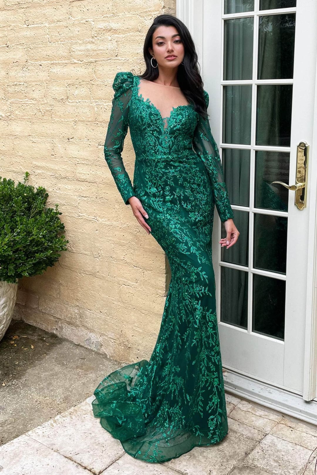 Ladivine CD989 - Long Sleeve Glittered Evening Dress - Prom