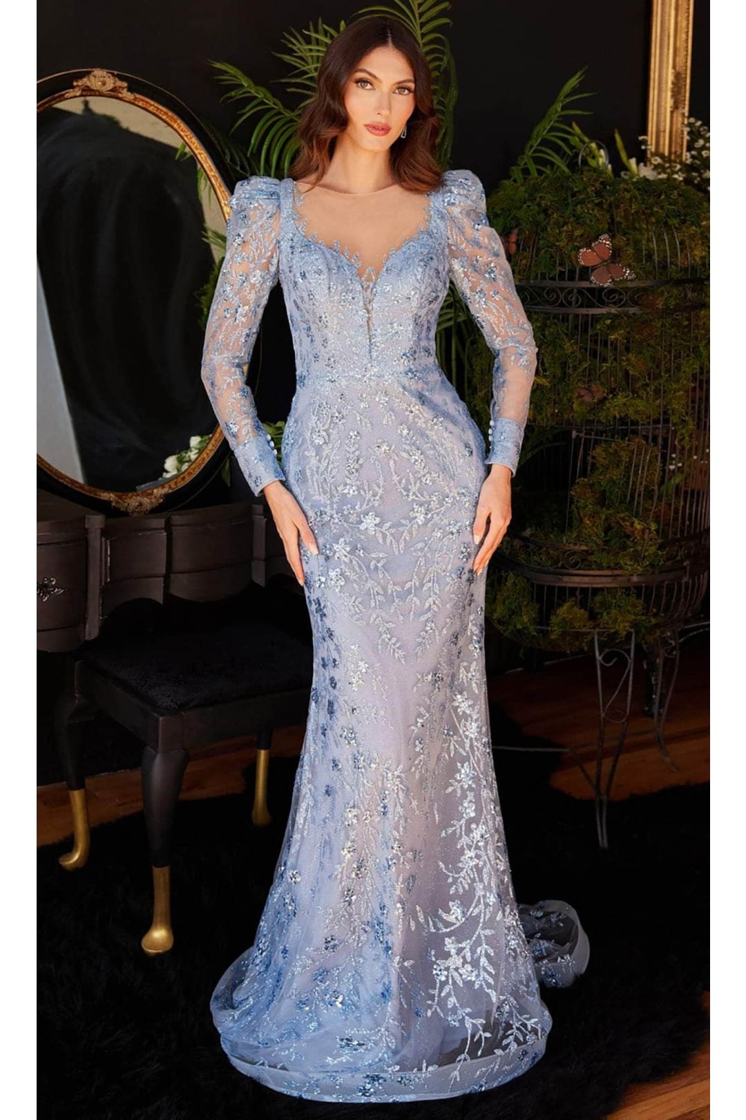 Ladivine CD989 - Long Sleeve Glittered Evening Dress - Prom
