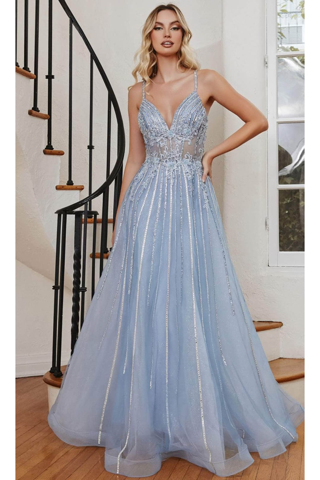 Ladivine CD994 - Applique A-Line Long Prom Gown - Blue / 4 - Prom