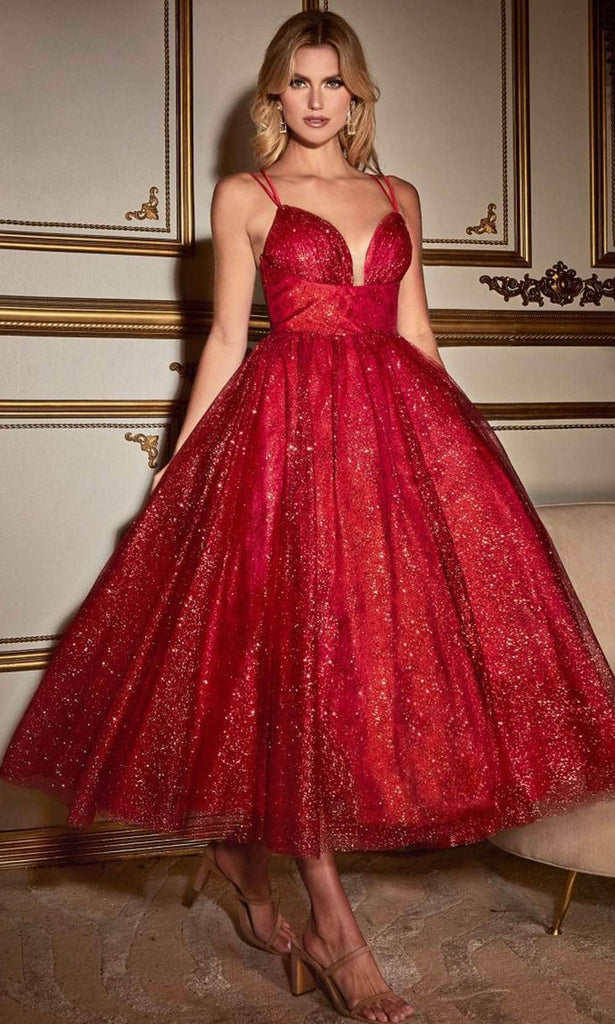 Ladivine CD996T - Sleeveless Glitter Flocked Dress - Red / 2 - Prom