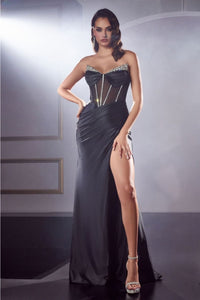 Ladivine CDS423 Embellished Beaded Corset Strapless Evening Dress - BLACK / 2