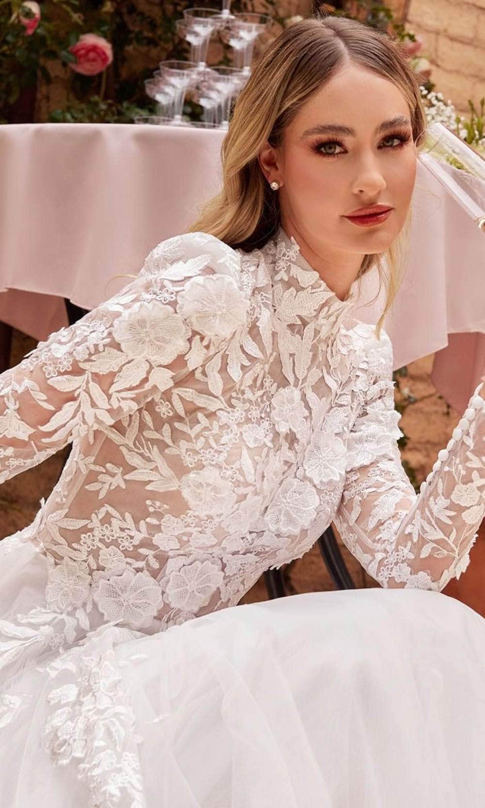 Ladivine CDS433W - Long Sleeve Lace Applique Bridal Gown - Prom