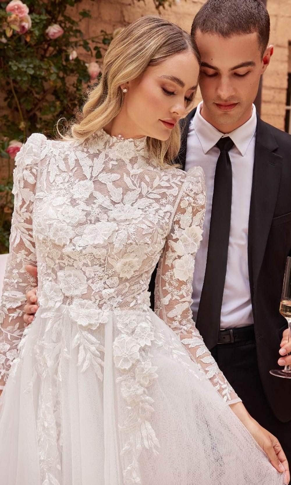 Ladivine CDS433W - Long Sleeve Lace Applique Bridal Gown - Prom