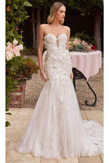 Ladivine CDS434W - Lace Appliqui Strapless Bridal Gown - Prom