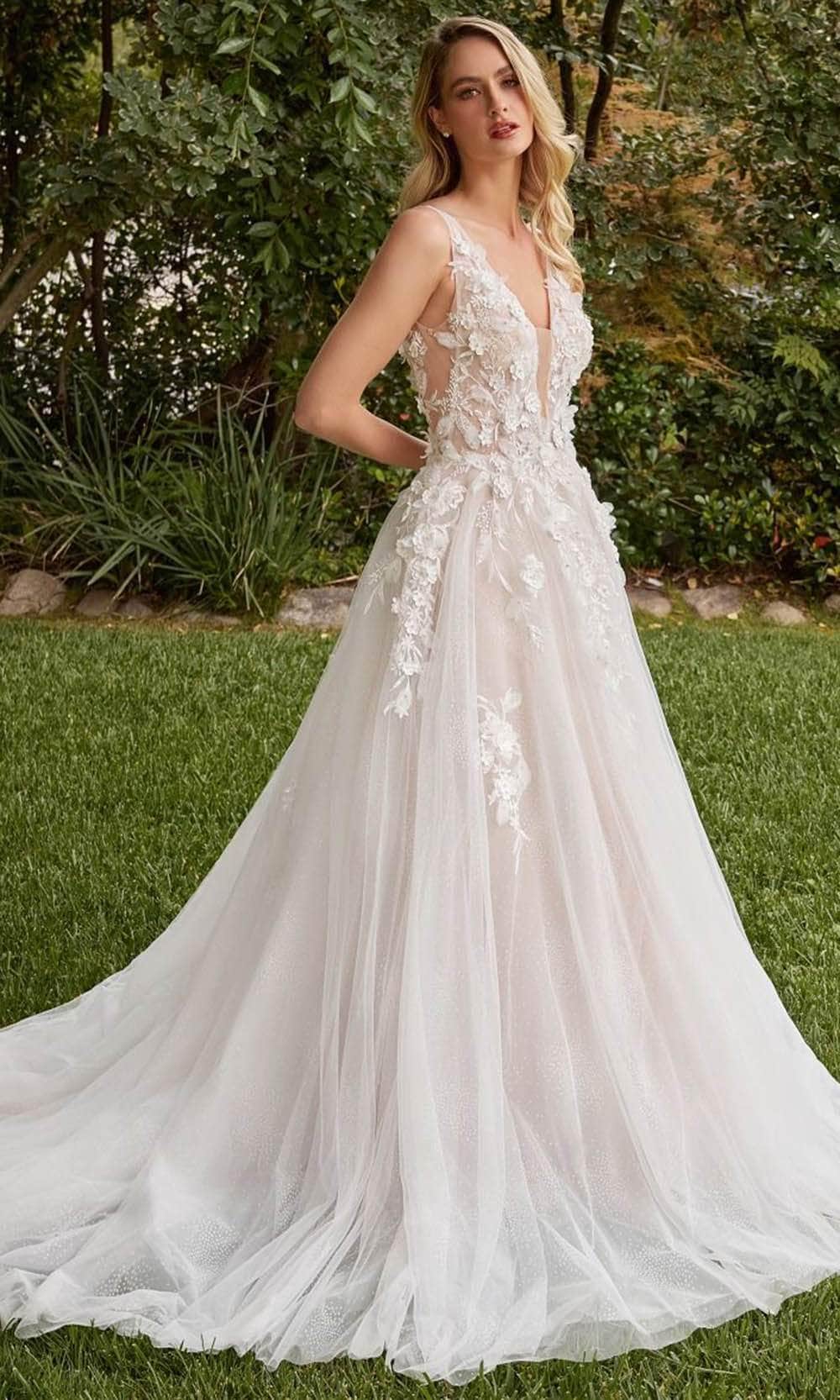 Ladivine CDS436W - 3D Floral A-Line Wedding Dress - Prom