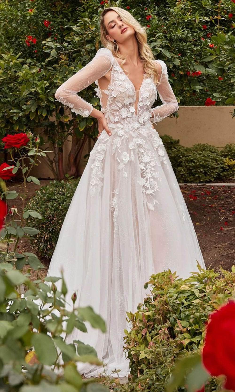Ladivine CDS436W - 3D Floral A-Line Wedding Dress - Prom