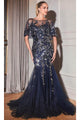 Ladivine CDS438 - Floral Mermaid Glitter Prom Gown - Navy / 10 - Prom