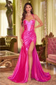 Ladivine CDS492 Fitted Rhinestone Sweetheart Halter Satin Gala Gown - HOT PINK / 2 - Dress