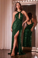 Ladivine CDS497 Sequin Sleeveless Halter Prom Gown - EMERALD / 2 - Dress