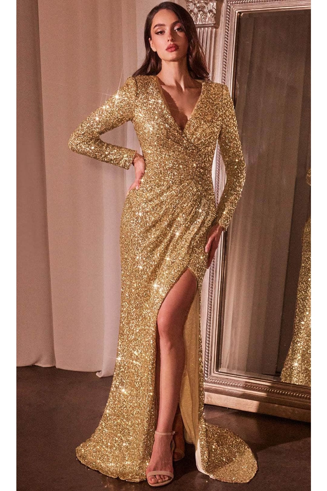 Christmas Dress Gold Glitter Flocked Holiday Party CH054