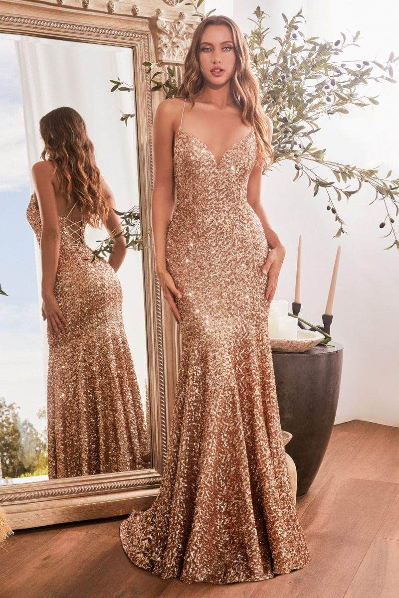 Ladivine CH066 - Spaghetti Strap Sequin Gown - Rose Gold / XXS - Prom
