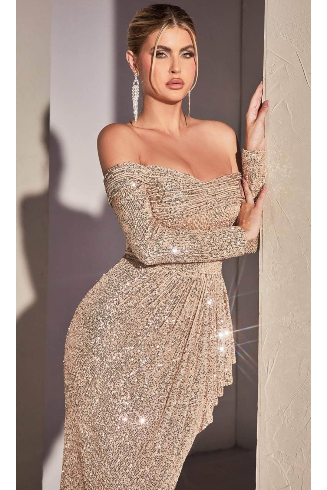 Ladivine CH135 - Draped Sequin Evening Gown - Prom