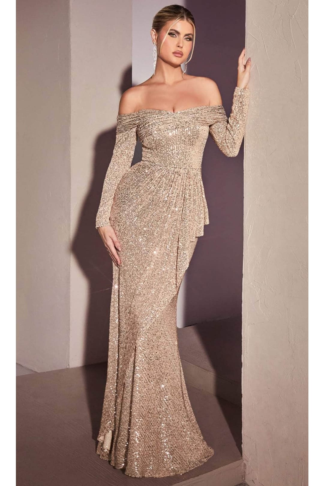 Ladivine CH135 - Draped Sequin Evening Gown - Prom