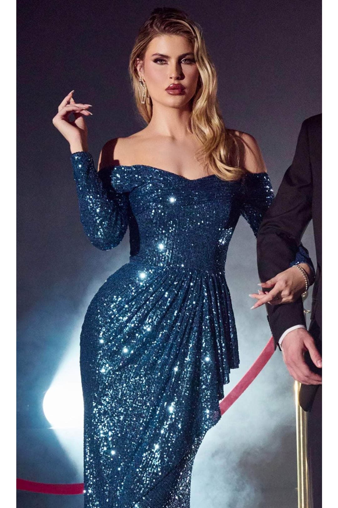 Ladivine CH135 - Draped Sequin Evening Gown - Prom