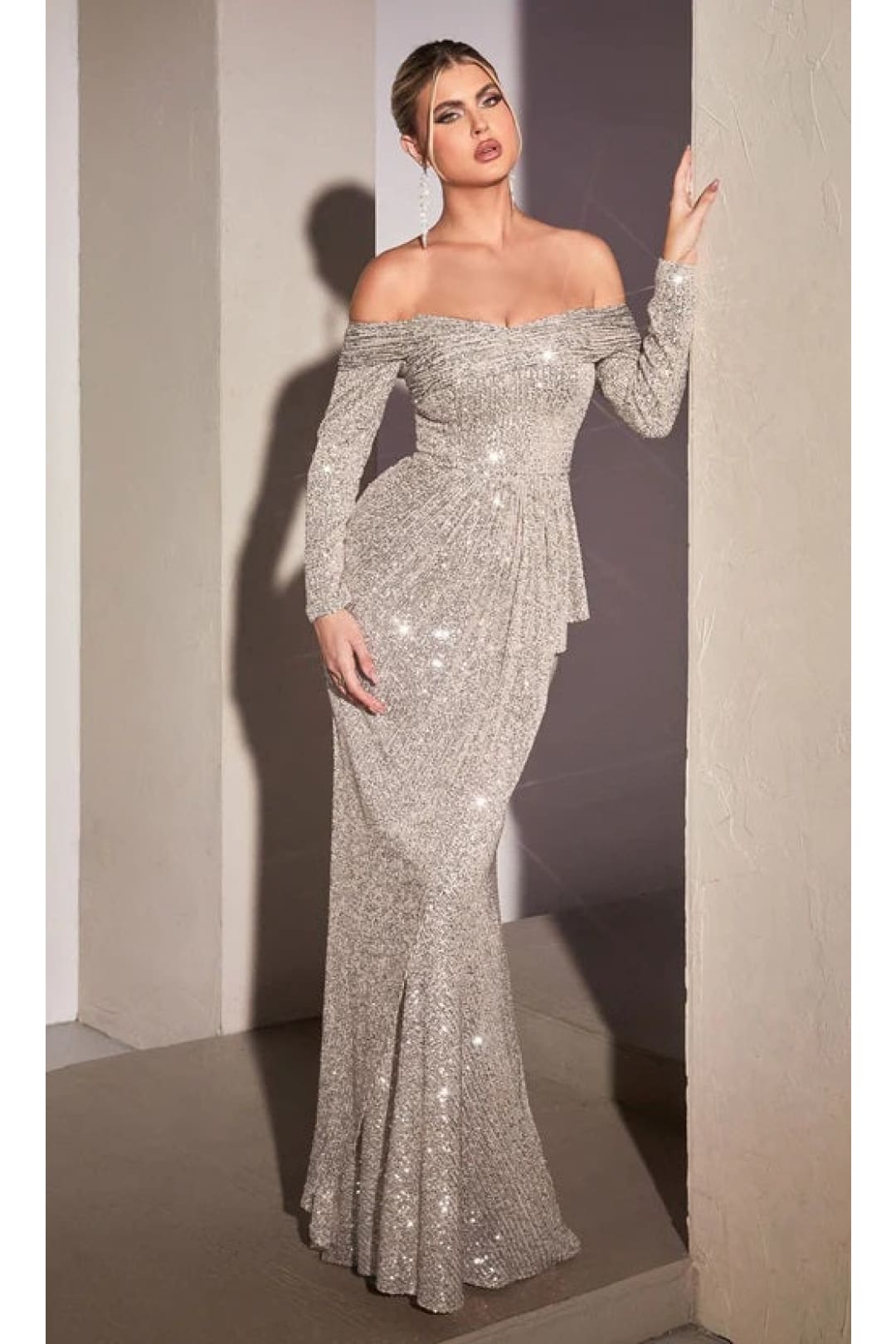 Ladivine CH135 - Draped Sequin Evening Gown - Platinum / XXS - Prom