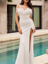 Ladivine CH147W - Strapless Feather Detailed Bridal Gown