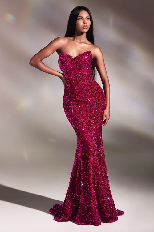 Ladivine CH151 Pointed Sweetheart Sequins Sheer Sides Corset prom Gown - FUCHSIA / XS - Dress