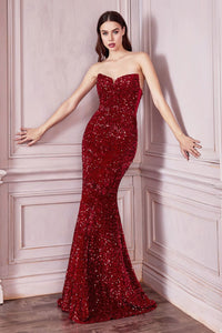 Ladivine CH151 Pointed Sweetheart Sequins Sheer Sides Corset prom Gown - RED / XS - Dress