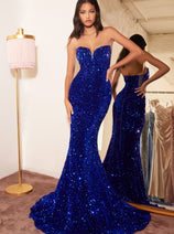 Ladivine CH151 Pointed Sweetheart Sequins Sheer Sides Corset Prom Gown