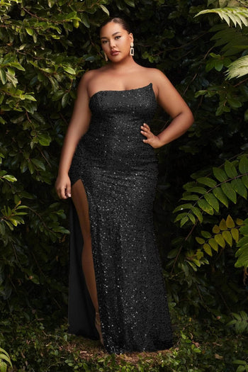 Ladivine CH165C - Strapless Plus-Size Sequin Evening Gown - Navy / 2X - Prom