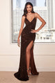 Ladivine CH225 Spaghetti Straps V-neck Sequins Side Slit Prom Gown - Dress