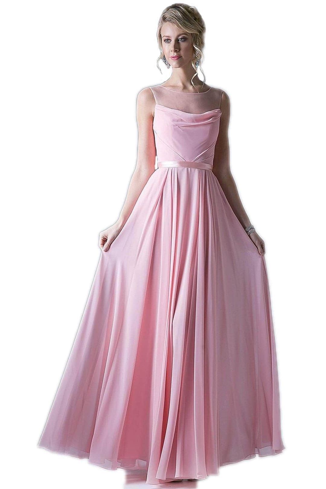 Ladivine CJ236 - Illusion Bateau Pleated A-Line Dress - Prom