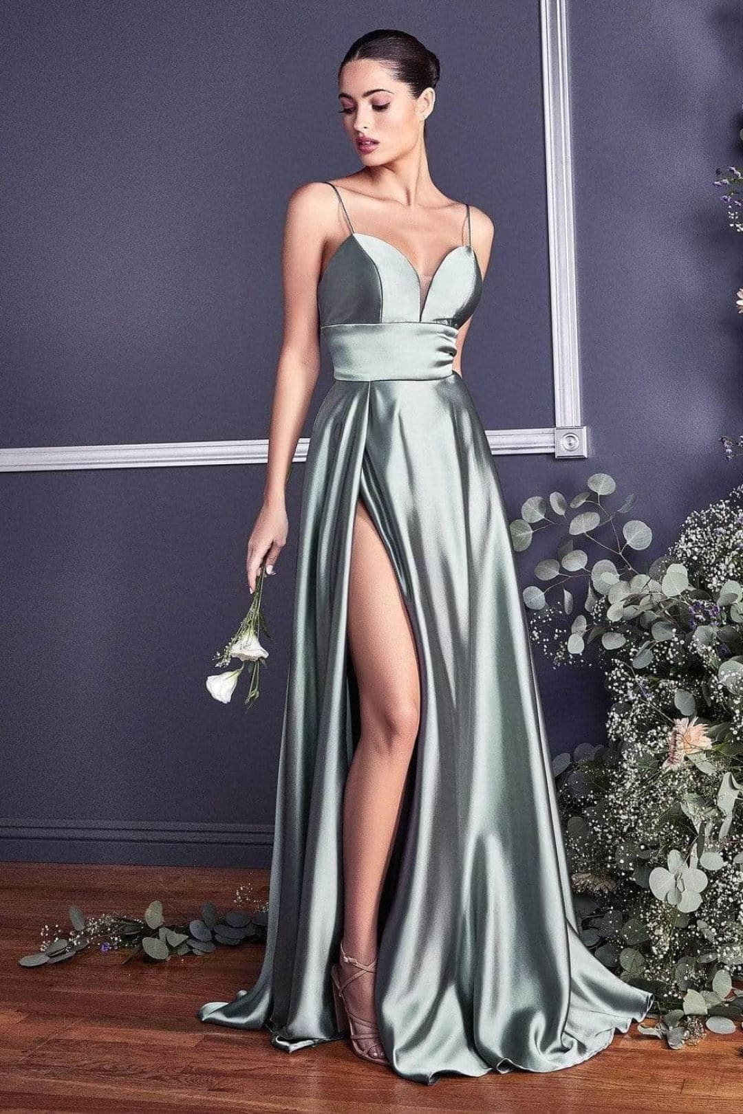 Ladivine CJ523 - Satin Slit Gown with Sweetheart Neckline - Prom