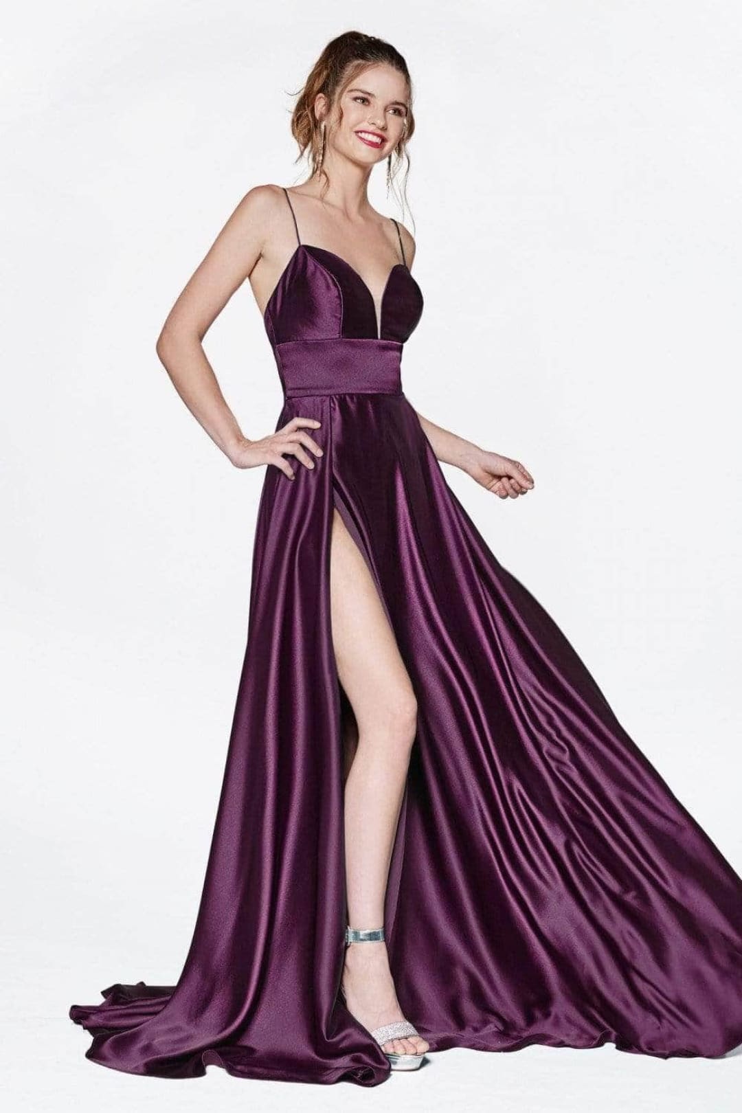 Ladivine CJ523 - Satin Slit Gown with Sweetheart Neckline - Prom