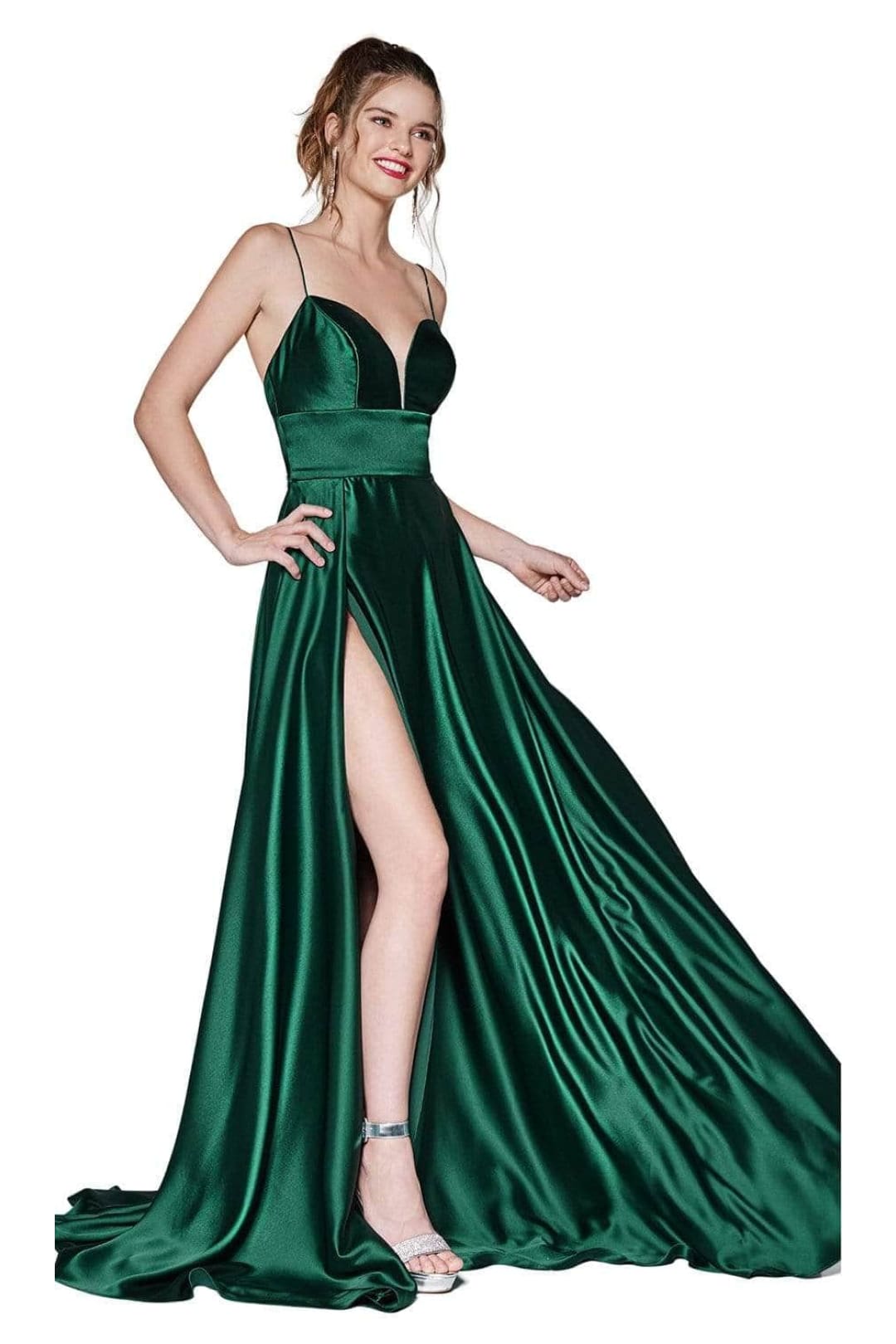 Ladivine CJ523 - Satin Slit Gown with Sweetheart Neckline - Prom