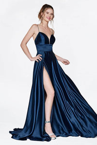 Ladivine CJ523 - Satin Slit Gown with Sweetheart Neckline - Prom