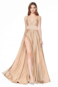 Ladivine CJ523 - Satin Slit Gown with Sweetheart Neckline - Prom