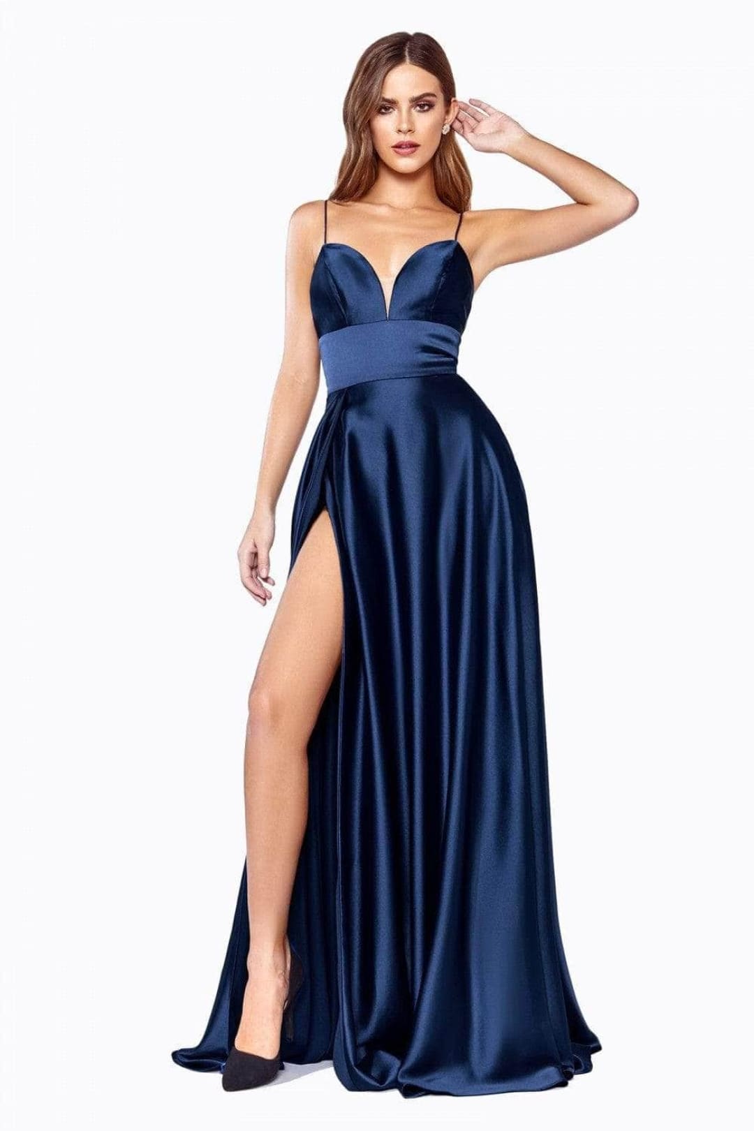 Ladivine CJ523 - Satin Slit Gown with Sweetheart Neckline - Prom