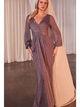 Ladivine CK2141 – Metallic Prom Gown with Bishop Sleeves