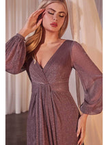 Ladivine CK2141 – Metallic Prom Gown with Bishop Sleeves