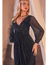 Ladivine CK2141 – Metallic Prom Gown with Bishop Sleeves