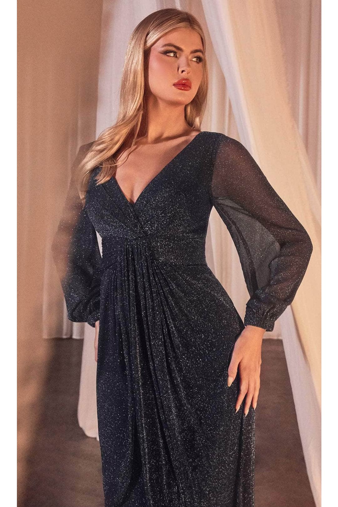 Ladivine CK2141 – Metallic Prom Gown with Bishop Sleeves - Prom