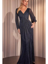 Ladivine CK2141 – Metallic Prom Gown with Bishop Sleeves