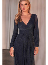 Ladivine CK2141 – Metallic Prom Gown with Bishop Sleeves