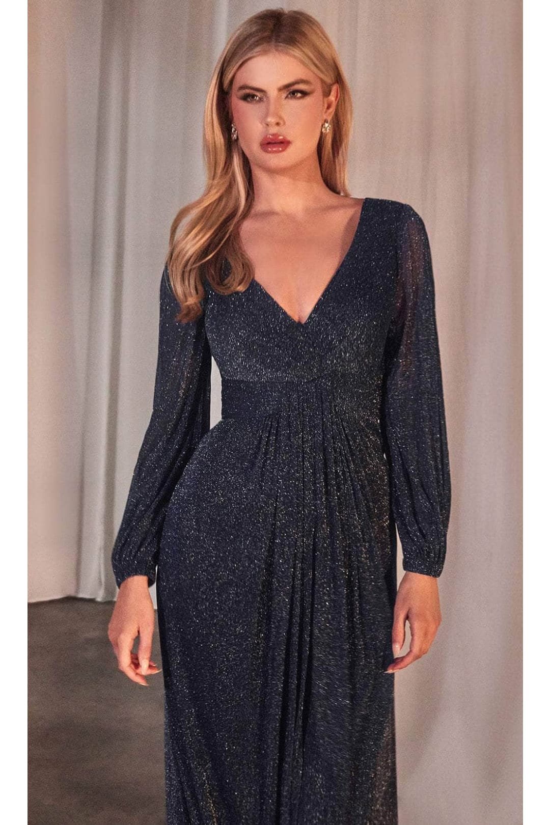Ladivine CK2141 – Metallic Prom Gown with Bishop Sleeves - Prom